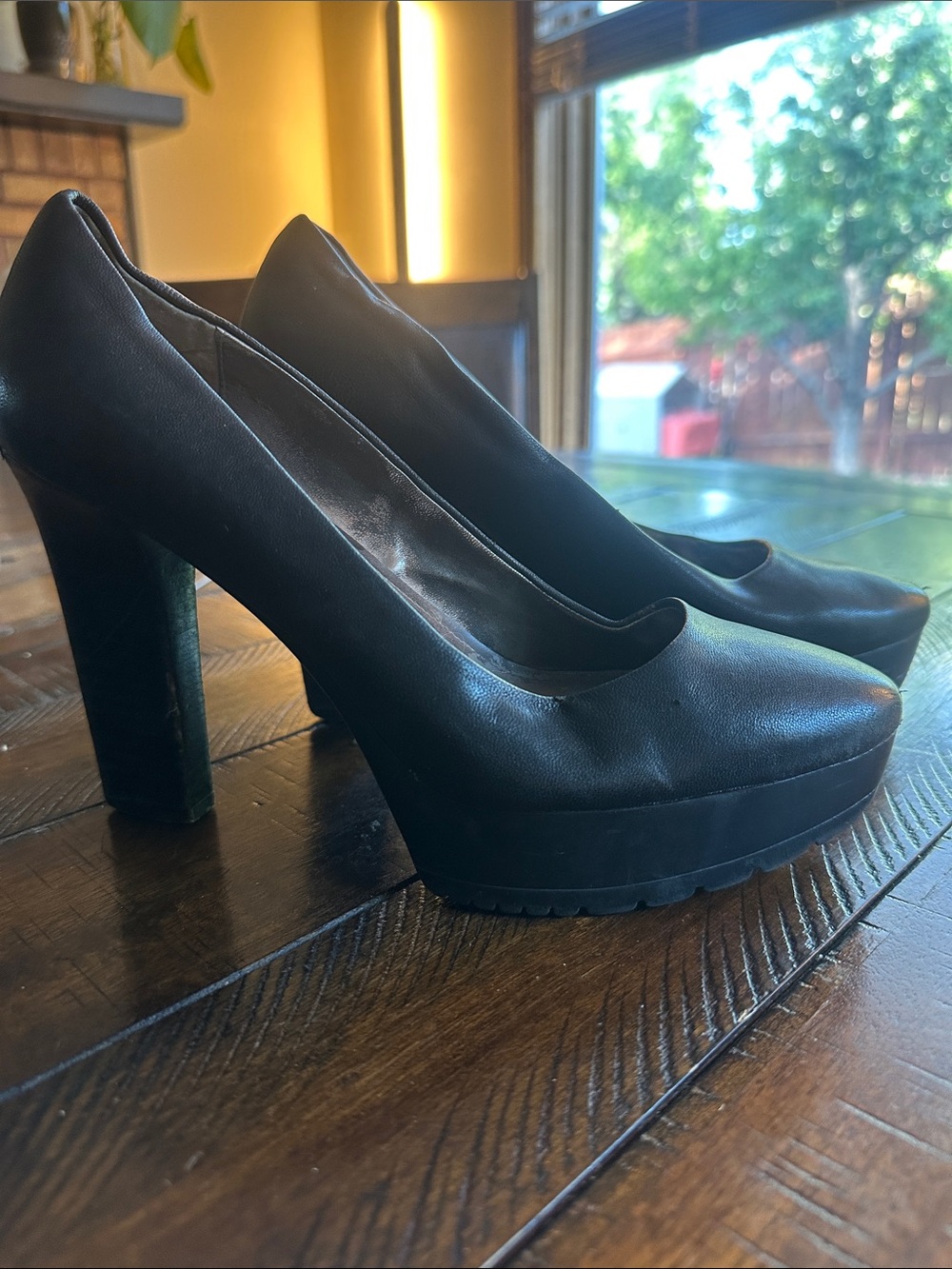 Calvin Klein Black Leather Platform Block Heel Pumps